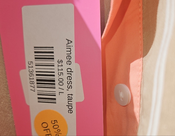 THML Warm Camel W Ivory Stripe Dress, Coral Accent M side Pockets Elastic Waist - Picture 2 of 6